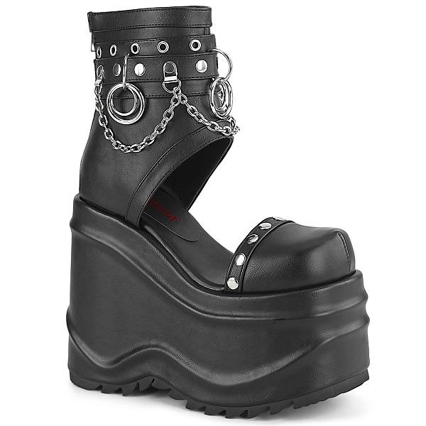 Demonia Women's Wave-22 Platform Sandals - Black Vegan Leather D3971-60US Clearance